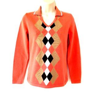 Izod Golf Argyle Sweater XS Women's Preppy Long Sleeve V-Neck Collar 100% Cotton
